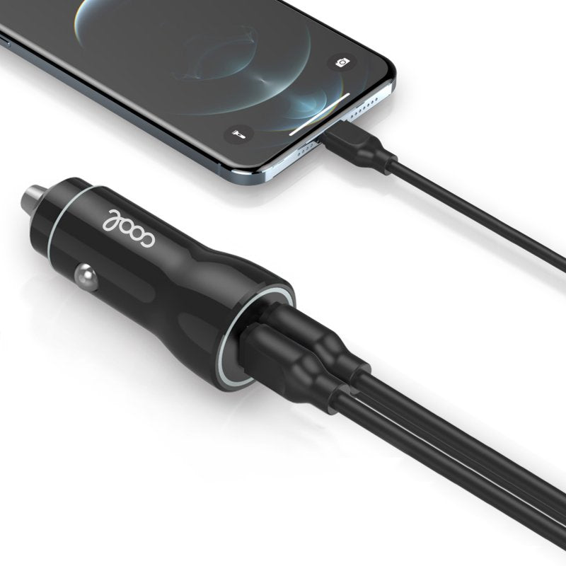 Carregador de Carro Cabo Tipo-C (2 x USB + Tipo-C) COOL 38W Kit 2 em 1 Preto