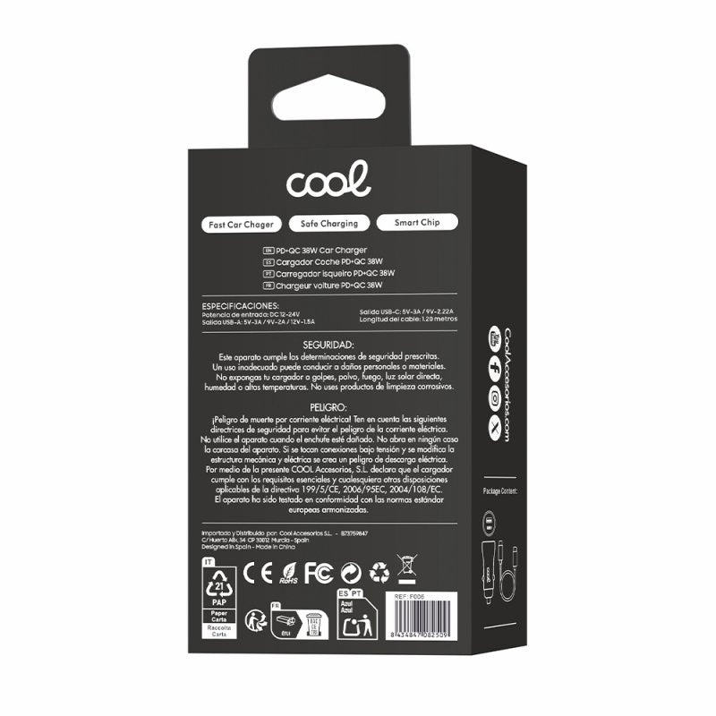 Carregador de Carro Cabo Tipo-C (2 x USB + Tipo-C) COOL 38W Kit 2 em 1 Preto