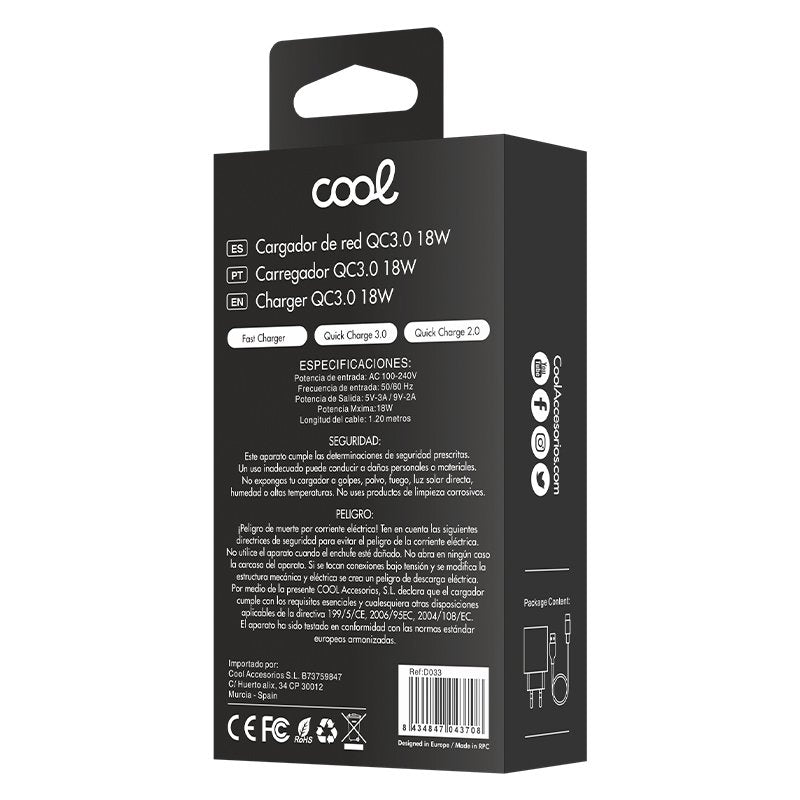 Carregador de Rede do conector universal tipo C 3Amp (carga rápida) COOL Kit 2 em 1 preto
