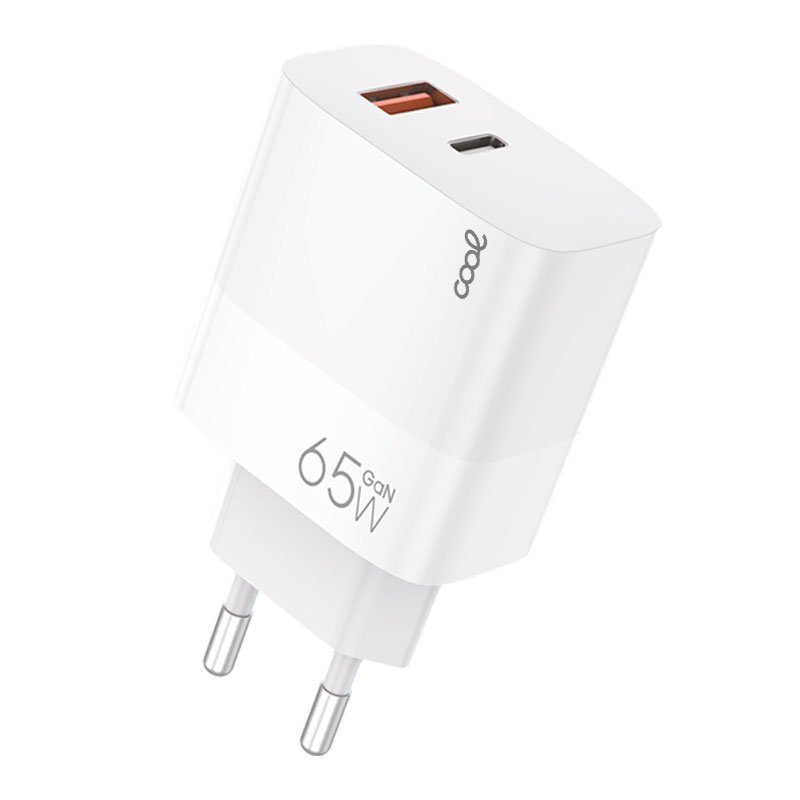 Carregador de rede duplo universal USB + PD Tipo-C + Cabo de carregamento COOL (GaN 65 W) Branco