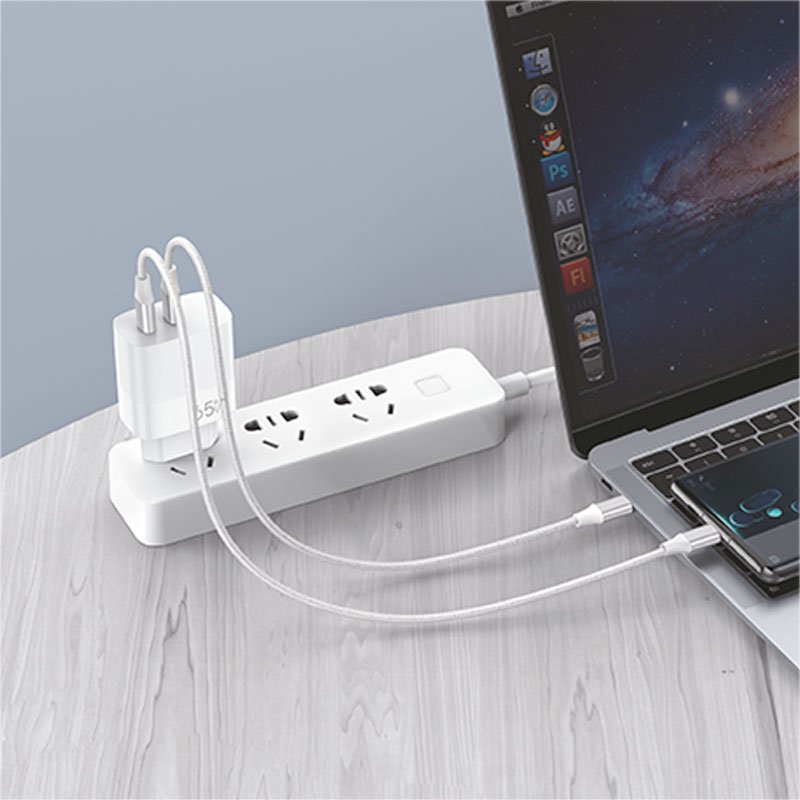 Carregador de rede duplo universal USB + PD Tipo-C + Cabo de carregamento COOL (GaN 65 W) Branco
