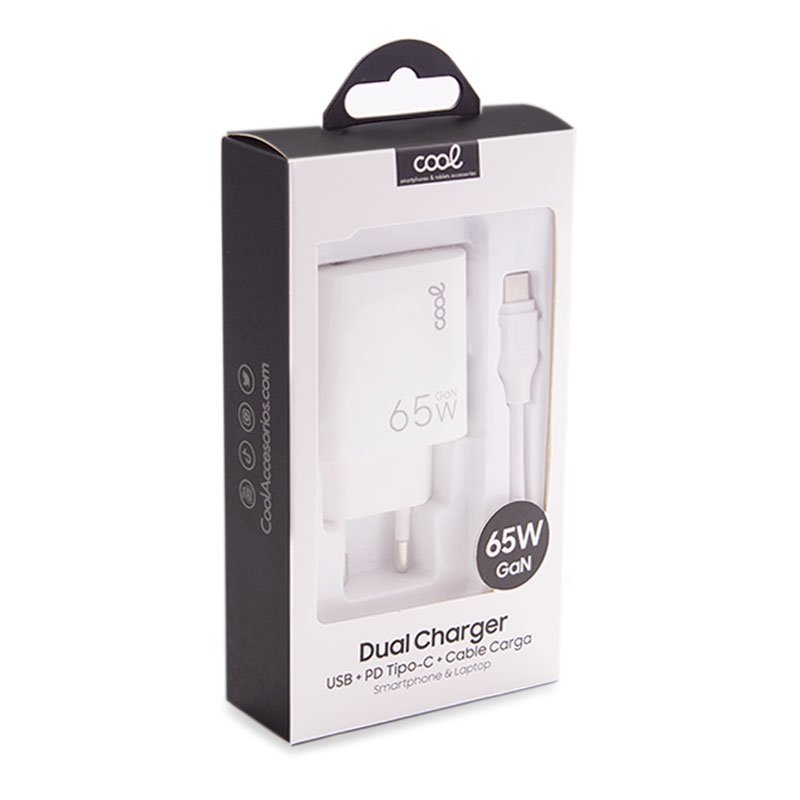 Carregador de rede duplo universal USB + PD Tipo-C + Cabo de carregamento COOL (GaN 65 W) Branco
