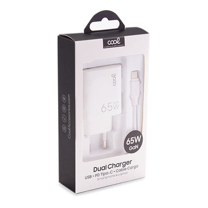 Carregador de rede duplo universal USB + PD Tipo-C + Cabo de carregamento COOL (GaN 65 W) Branco