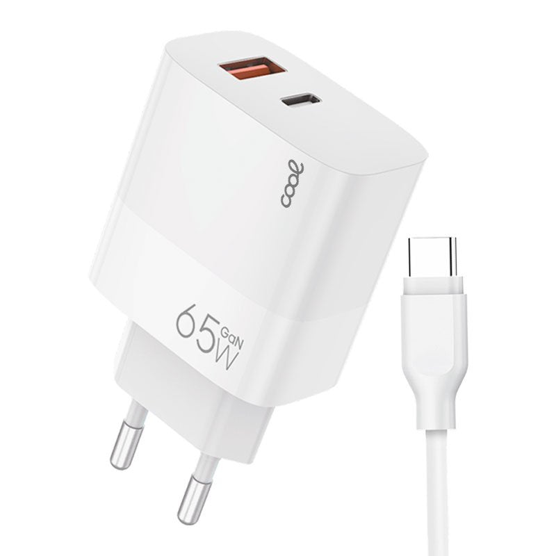 Carregador de rede duplo universal USB + PD Tipo-C + Cabo de carregamento COOL (GaN 65 W) Branco
