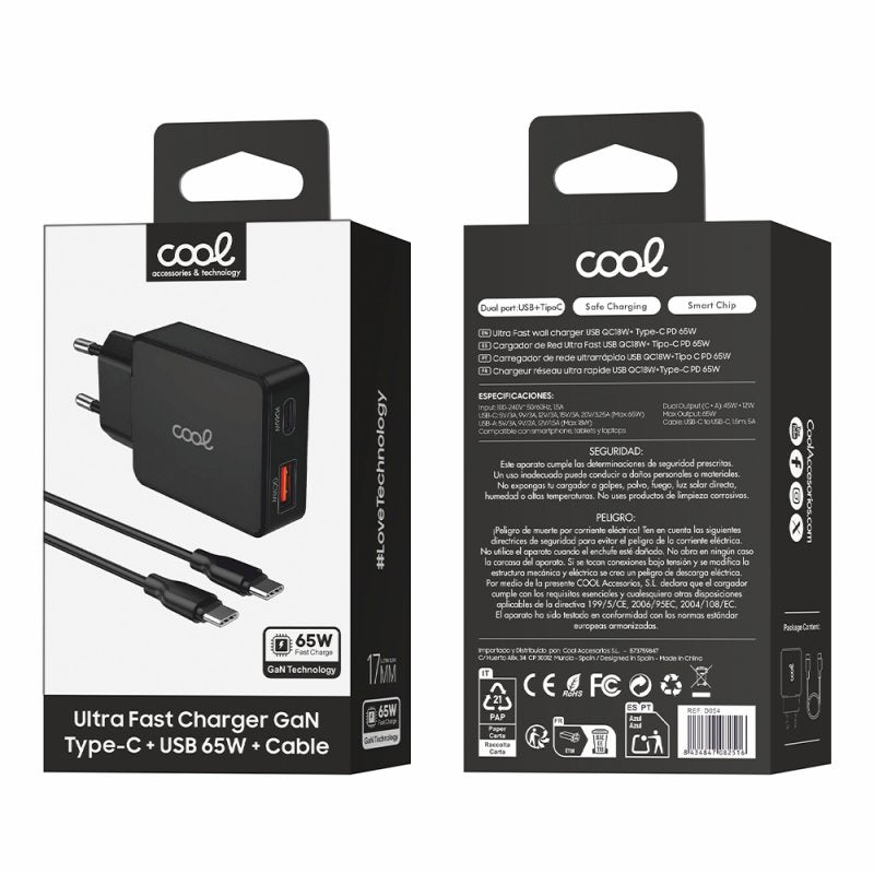 Carregador de rede duplo universal USB + PD Tipo-C + Cabo de carregamento COOL (GaN 65 W) Preto
