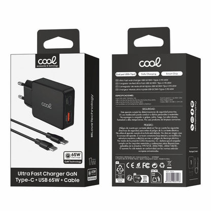 Carregador de rede duplo universal USB + PD Tipo-C + Cabo de carregamento COOL (GaN 65 W) Preto