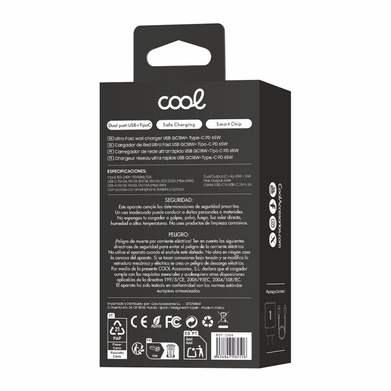 Carregador de rede duplo universal USB + PD Tipo-C + Cabo de carregamento COOL (GaN 65 W) Preto
