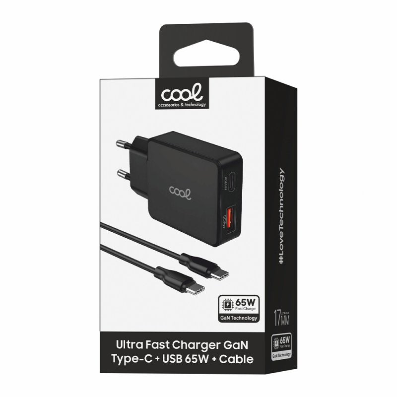 Carregador de rede duplo universal USB + PD Tipo-C + Cabo de carregamento COOL (GaN 65 W) Preto