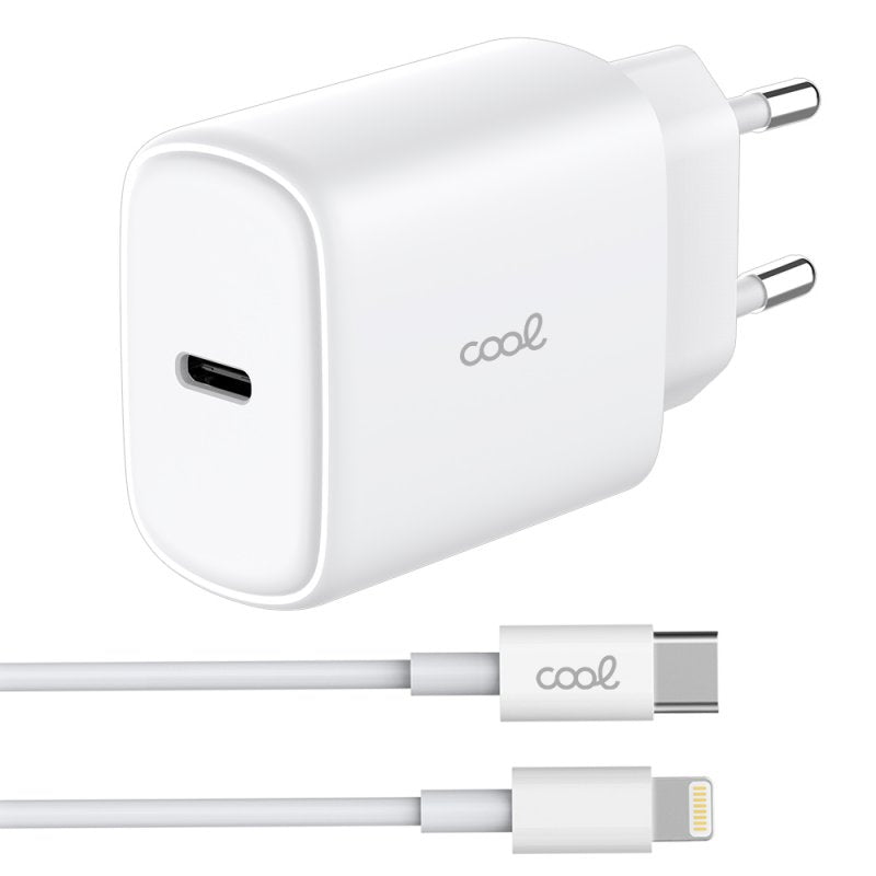 Carregador de Rede rápido universal (PD) Tipo C COOL (25 W) Branco + Cabo Tipo-C para Lightning