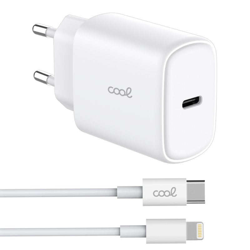 Carregador de Rede rápido universal (PD) Tipo C COOL (25 W) Branco + Cabo Tipo-C para Lightning
