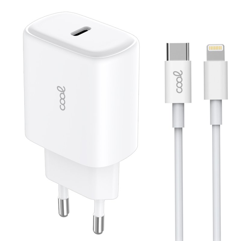 Carregador de Rede rápido universal (PD) Tipo C COOL (25 W) Branco + Cabo Tipo-C para Lightning