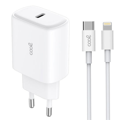 Carregador de Rede rápido universal (PD) Tipo C COOL (25 W) Branco + Cabo Tipo-C para Lightning