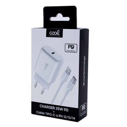 Carregador de Rede rápido universal (PD) Tipo C COOL (25 W) Branco + Cabo Tipo-C para Lightning