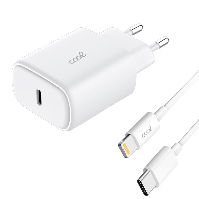 Carregador de Rede rápido universal (PD) Tipo C COOL (25 W) Branco + Cabo Tipo-C para Lightning