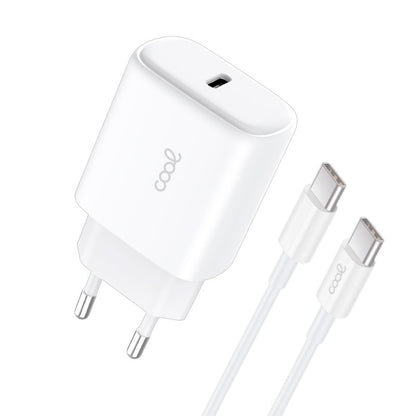Carregador de Rede rápido universal (PD) Tipo C COOL (25 W) Branco + Cabo Tipo-C para Tipo-C