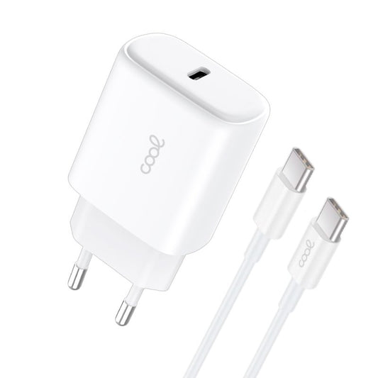 Carregador de Rede rápido universal (PD) Tipo C COOL (25 W) Branco + Cabo Tipo-C para Tipo-C