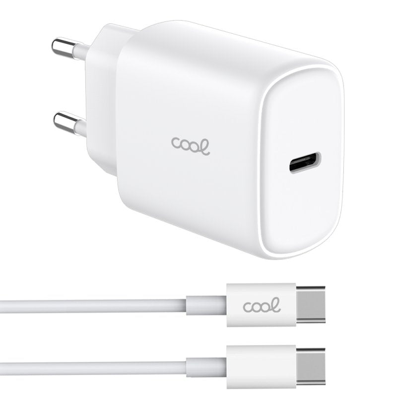 Carregador de Rede rápido universal (PD) Tipo C COOL (25 W) Branco + Cabo Tipo-C para Tipo-C