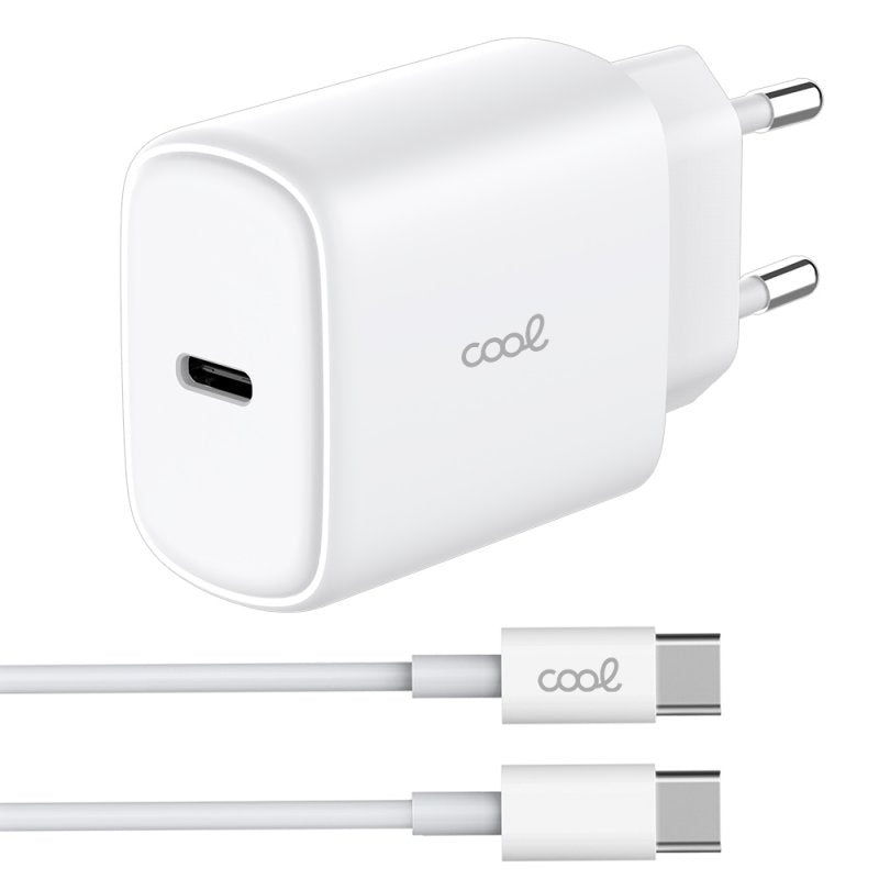 Carregador de Rede rápido universal (PD) Tipo C COOL (25 W) Branco + Cabo Tipo-C para Tipo-C