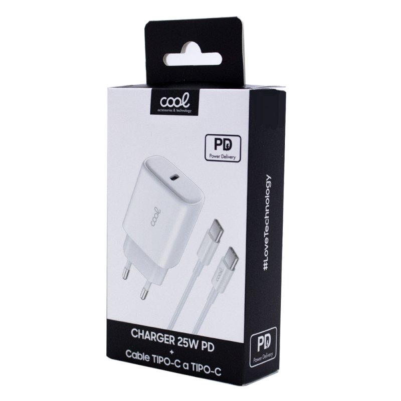 Carregador de Rede rápido universal (PD) Tipo C COOL (25 W) Branco + Cabo Tipo-C para Tipo-C