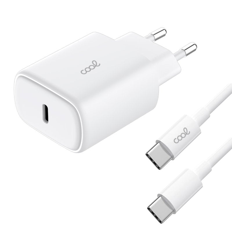 Carregador de Rede rápido universal (PD) Tipo C COOL (25 W) Branco + Cabo Tipo-C para Tipo-C