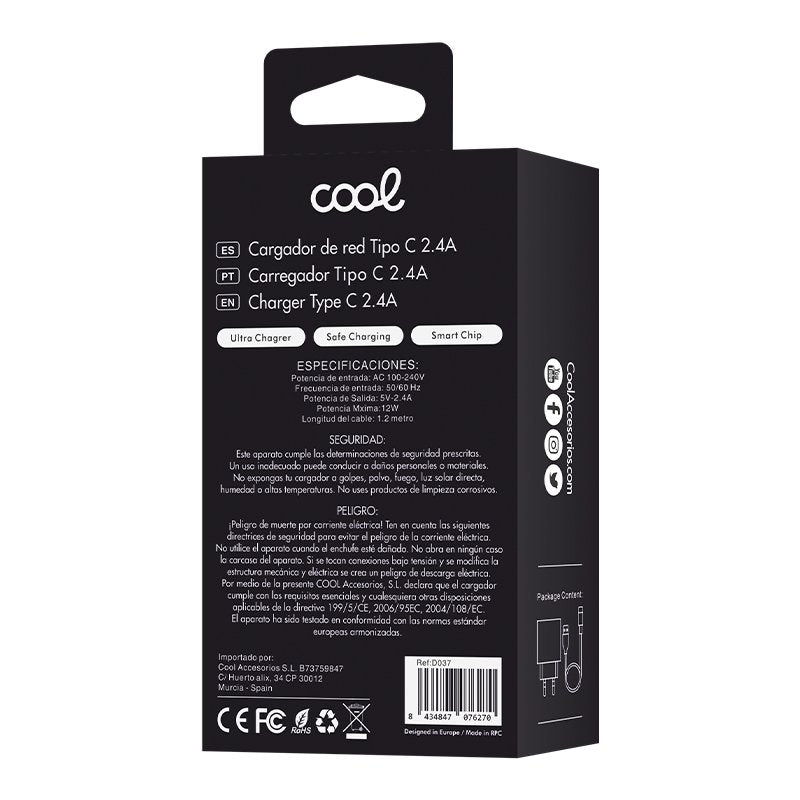 Carregador de Rede Tipo C + Cabo COOL Universal 2.4Amp Branco