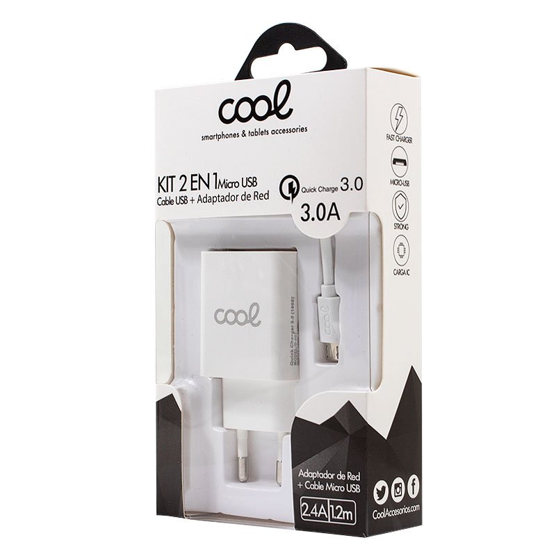 Carregador de rede Conector micro-usb universal 3 Amp (carga rápida) COOL Kit 2 em 1 branco