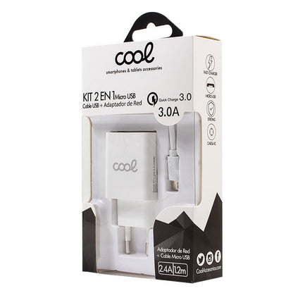 Carregador de rede Conector micro-usb universal 3 Amp (carga rápida) COOL Kit 2 em 1 branco