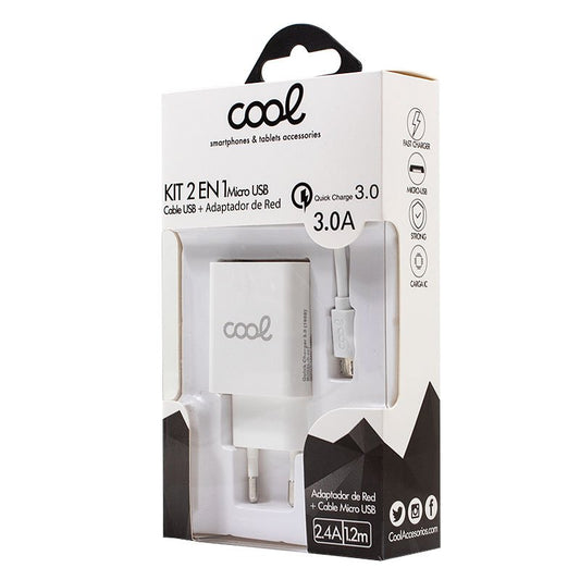 Carregador de rede Conector micro-usb universal 3 Amp (carga rápida) COOL Kit 2 em 1 branco