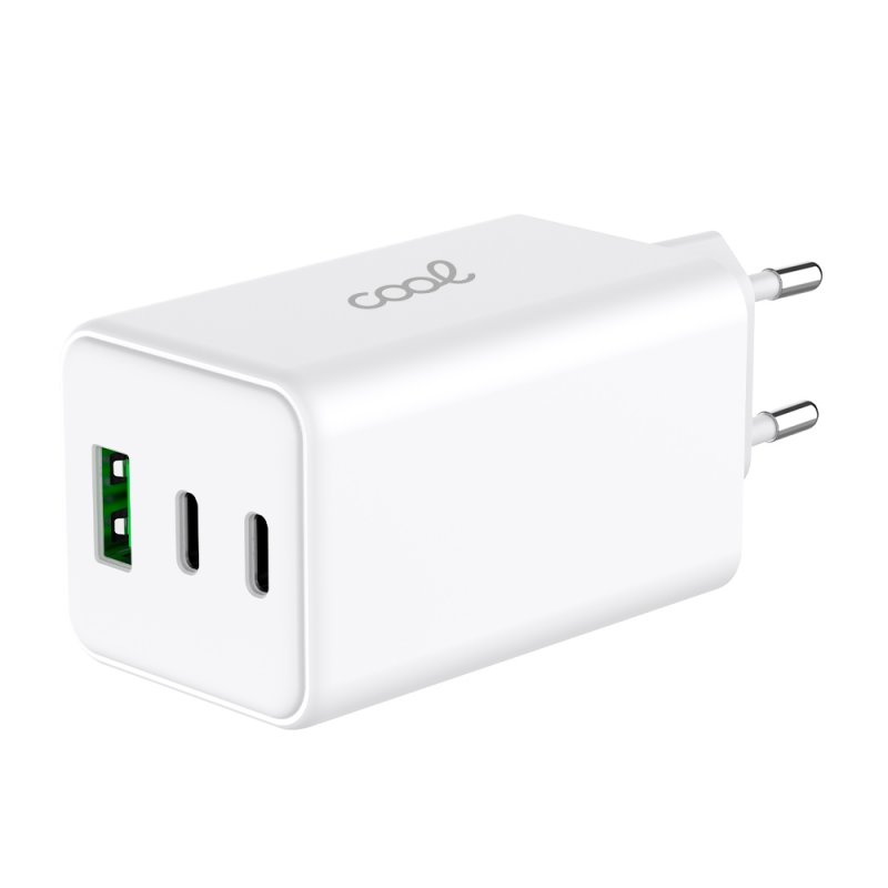 Carregador de Rede Universal Triplo (PD) 2 x Tipo-C + USB COOL (100 W) GaN Branco
