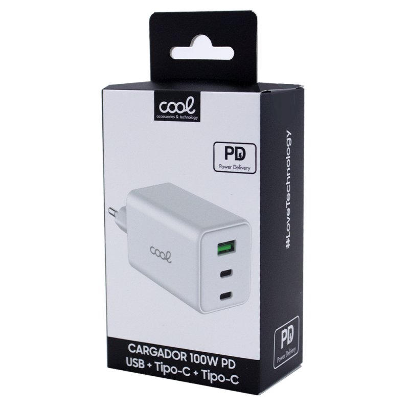 Carregador de Rede Universal Triplo (PD) 2 x Tipo-C + USB COOL (100 W) GaN Branco