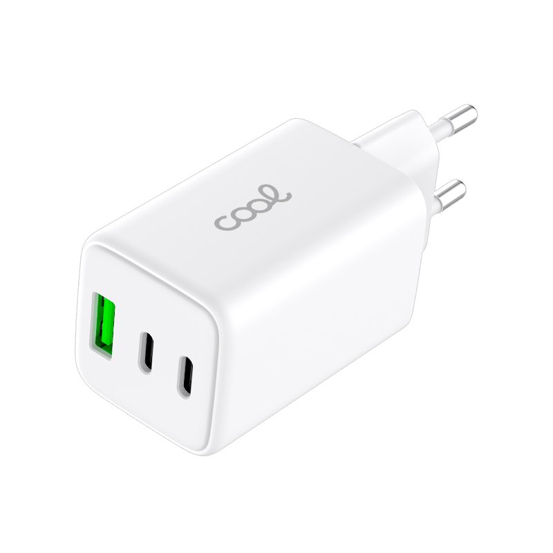 Carregador de Rede Universal Triplo (PD) 2 x Tipo-C + USB COOL (GaN 65 W) Branco