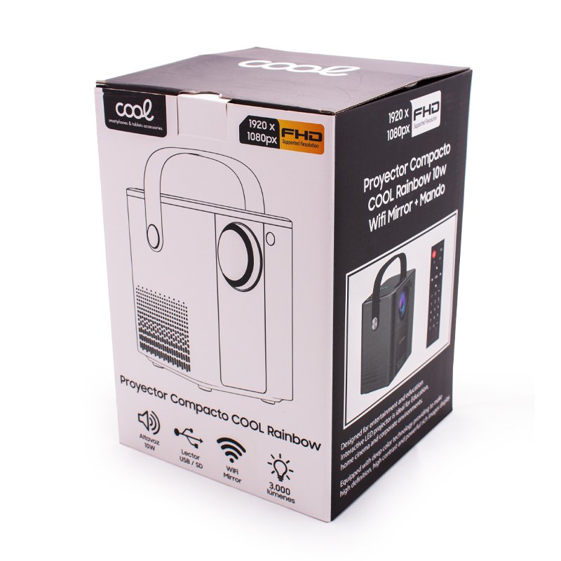 Projetor compacto COOL Rainbow 3000 lúmens alto-falante integrado + HDMI/SD/USB + espelho Wifi (preto)