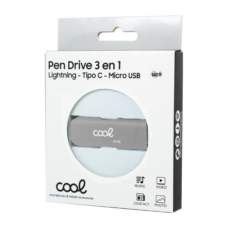 Pen Drive USB x64 GB COOL (3 em 1) Lightning / Type-C / USB Cinza