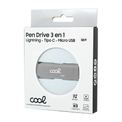 Pen Drive USB x64 GB COOL (3 em 1) Lightning / Type-C / USB Cinza