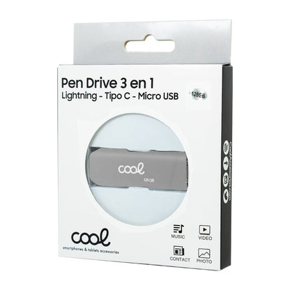 Pen Drive x USB 128 GB COOL (3 em 1) Lightning / Type-C / USB Cinza