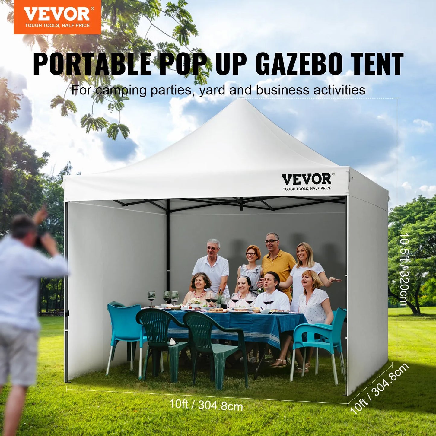 Tenda de gazebo para áreas externas VEVOR Pop Up Canopy Tent 304,8 x 304,8 cm com paredes laterais e bolsa branca
