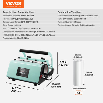 Máquina de Sublimação VEVOR com 8 Copos 20oz