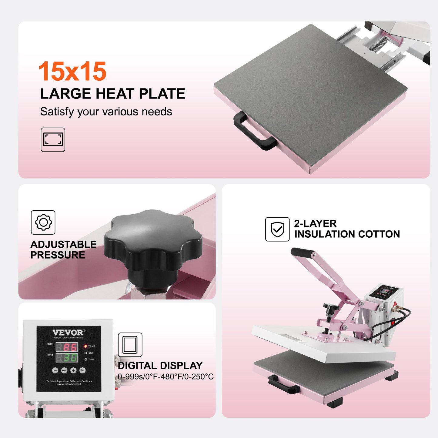 Prensa Térmica VEVOR 380x380 mm Rosa - Fácil e Eficiente