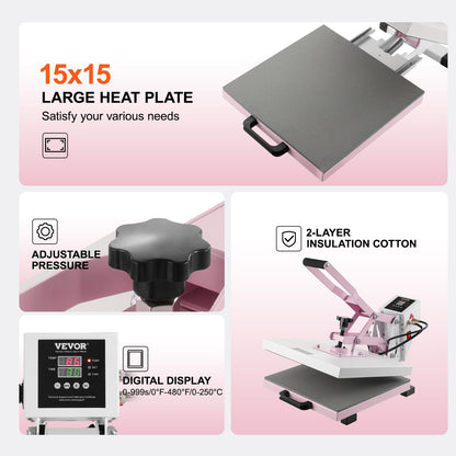 Prensa Térmica VEVOR 380x380 mm Rosa - Fácil e Eficiente