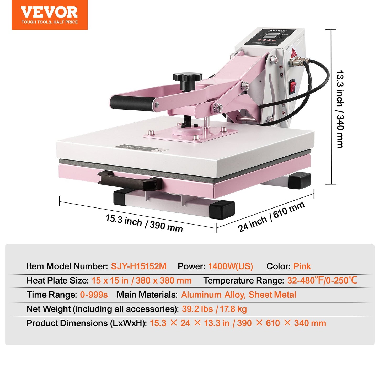 Prensa Térmica VEVOR 380x380 mm Rosa - Fácil e Eficiente