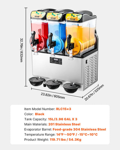 Máquina Slushy Tripla 15L VEVOR para Bebidas Congeladas
