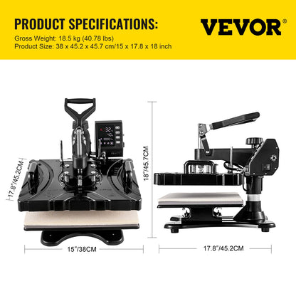 Prensa Térmica 6 em 1 VEVOR 12x15 Polegadas 1000W