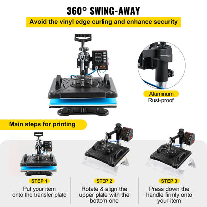 Prensa Térmica 10 em 1 VEVOR 1000W com Rotação 360°