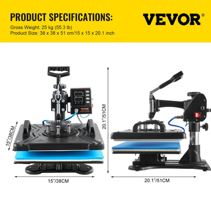 Prensa Térmica 10 em 1 VEVOR 1000W com Rotação 360°