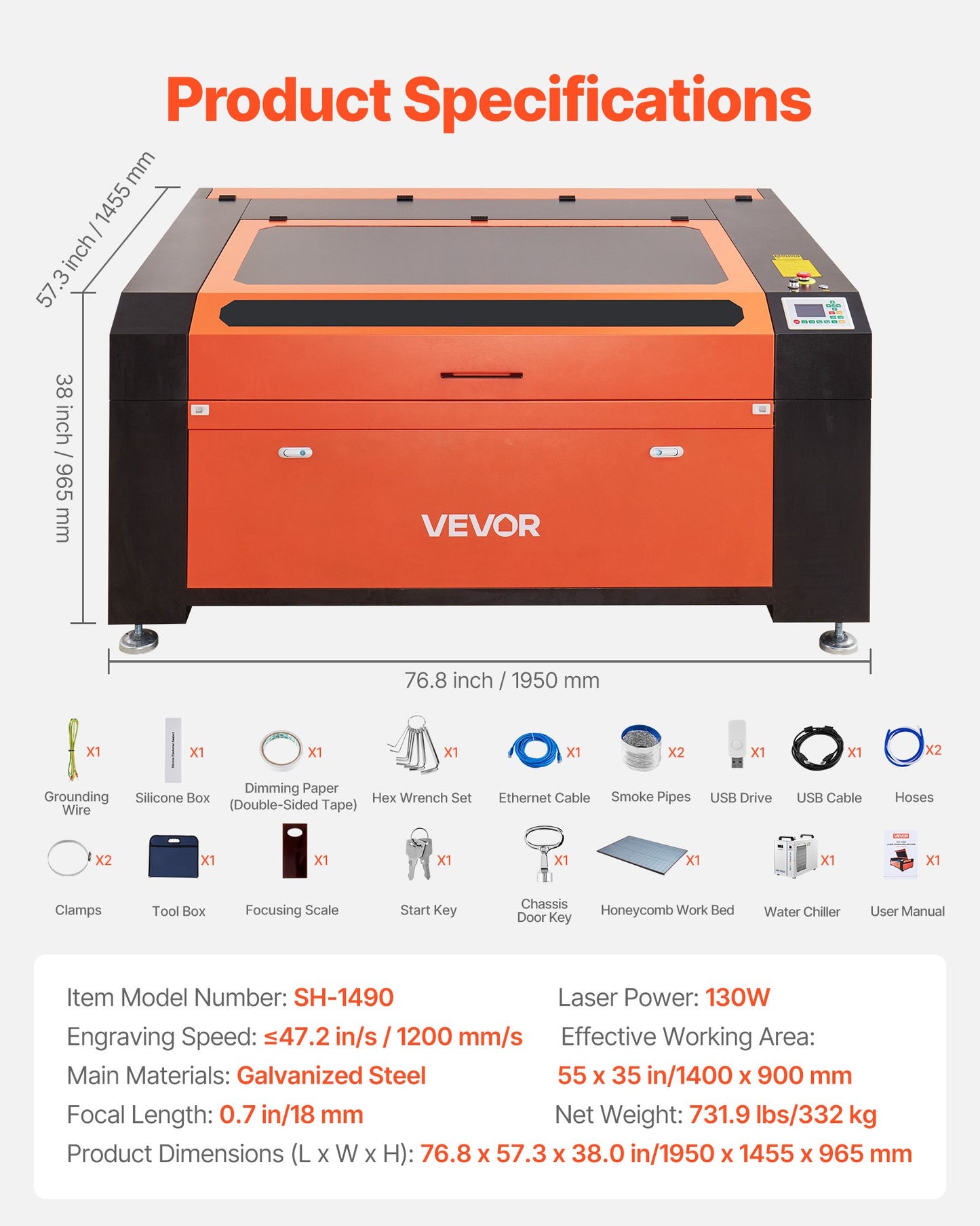 Gravadora Laser CO2 VEVOR 130W 1400x900 mm Profissional