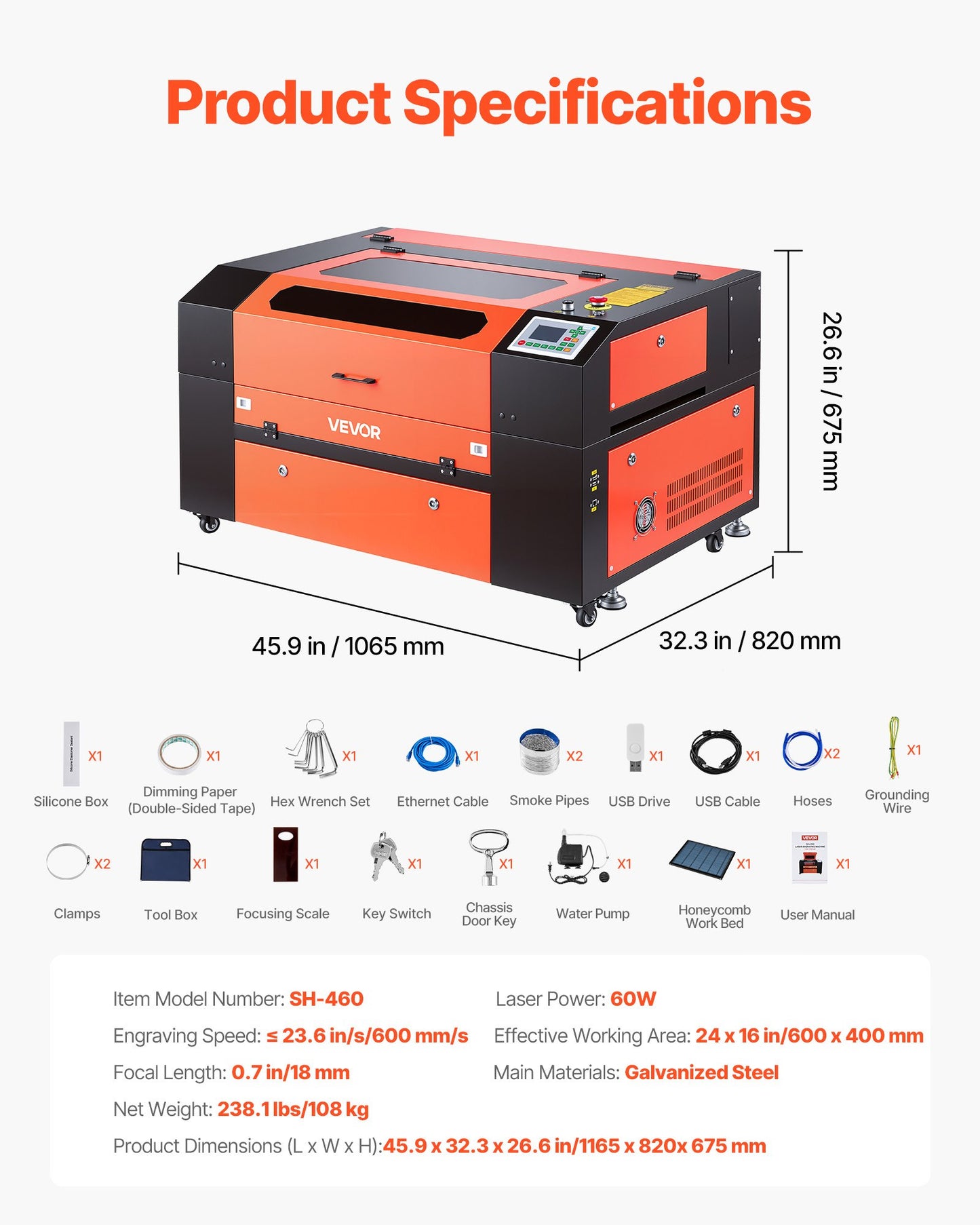 Gravadora Laser CO2 VEVOR 60W 600x400mm com Assistência de Ar