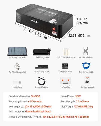 Gravadora Laser CO2 VEVOR 55W com Câmara 16MP e Eixo Rotativo