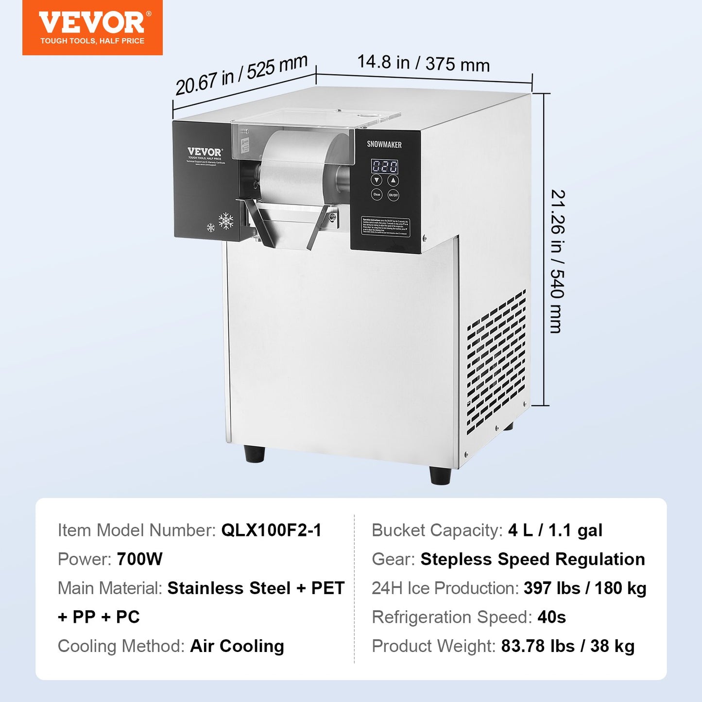 Máquina de Gelo Floco de Neve Comercial VEVOR 397L/24H