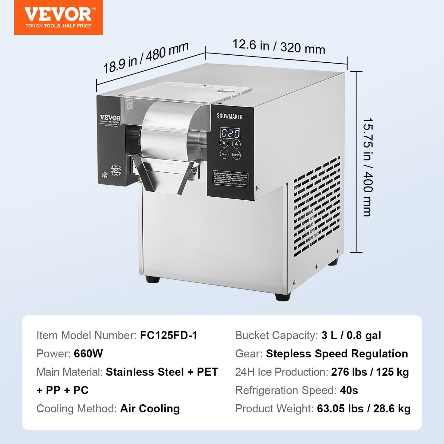 Máquina de Gelo Floco de Neve Comercial 276L/24H VEVOR