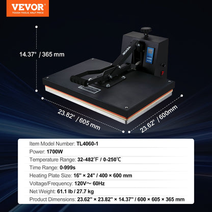 Prensa Térmica VEVOR 40x61 cm para Sublimação e DIY